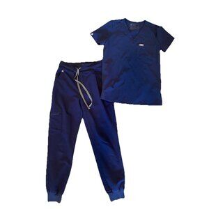 FIGS Womens XS Navy Blue Scrubs Set Top & High Waisted Zamora Jogger Pants